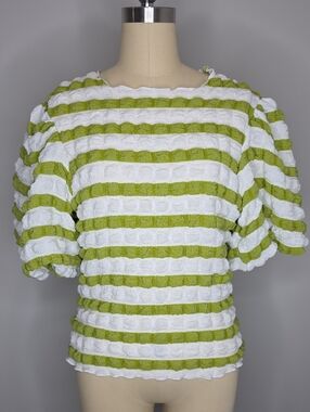 Kaktus Striped Puff-Sleeve Top Medium Lime & White